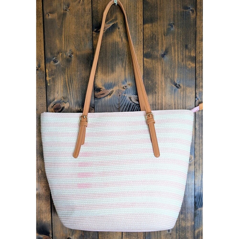 Bueno Pink Cream Striped Straw Woven Tote Bag Shoulder Strap Beach Summer NWOT